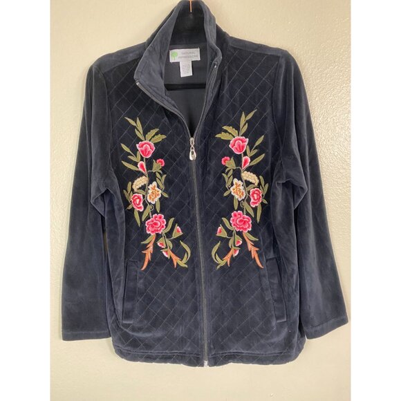 Natural Impressions Black Velour Quilted Floral Embroidered Jacket sz Large Zip - Picture 12 of 12